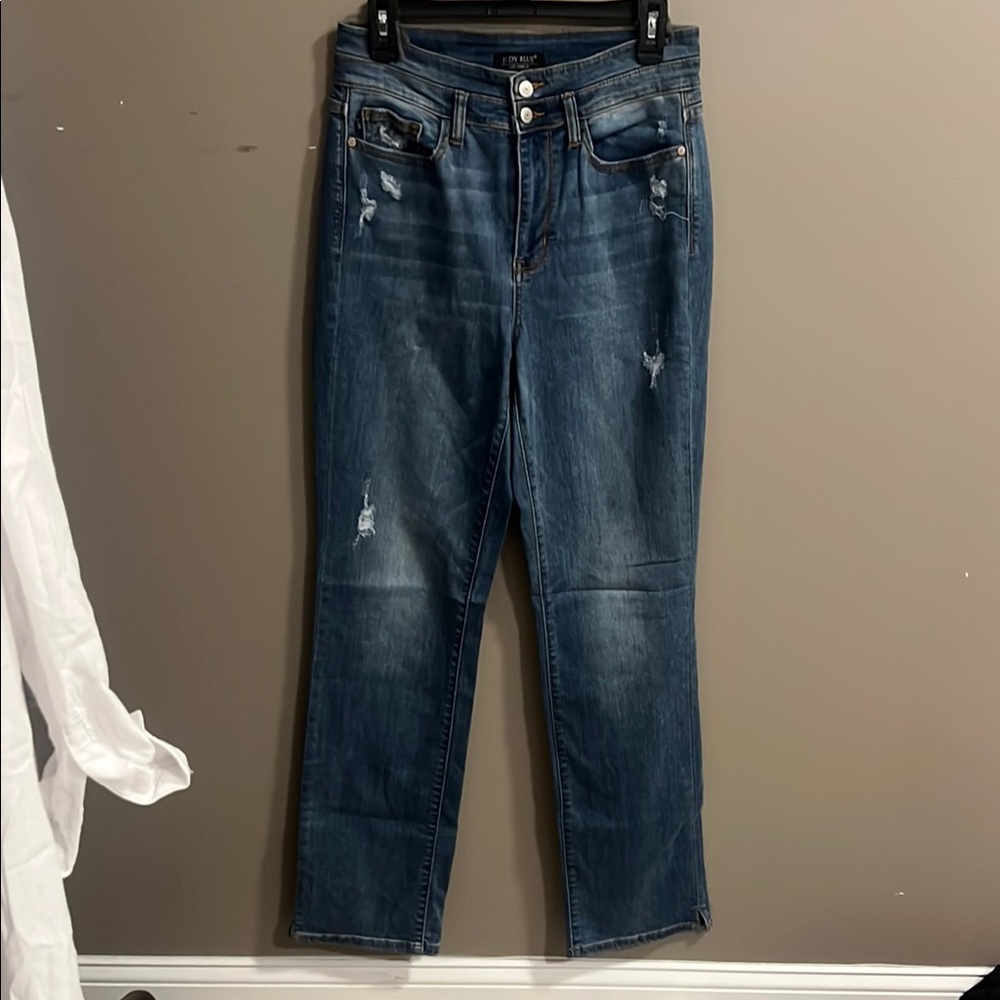 Blue Super High Waisted Straight Leg Jeans with Distressed Details